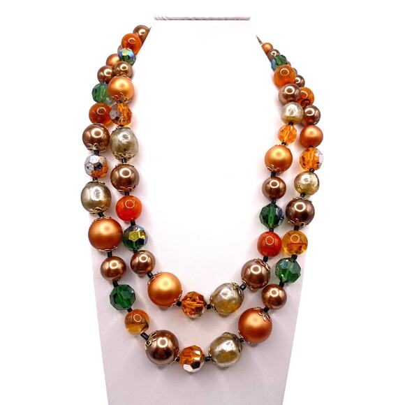 Vendome Lucite Beads Signed Autumn Tones Necklace and Clip On Earrings Set - Picture 9 of 10